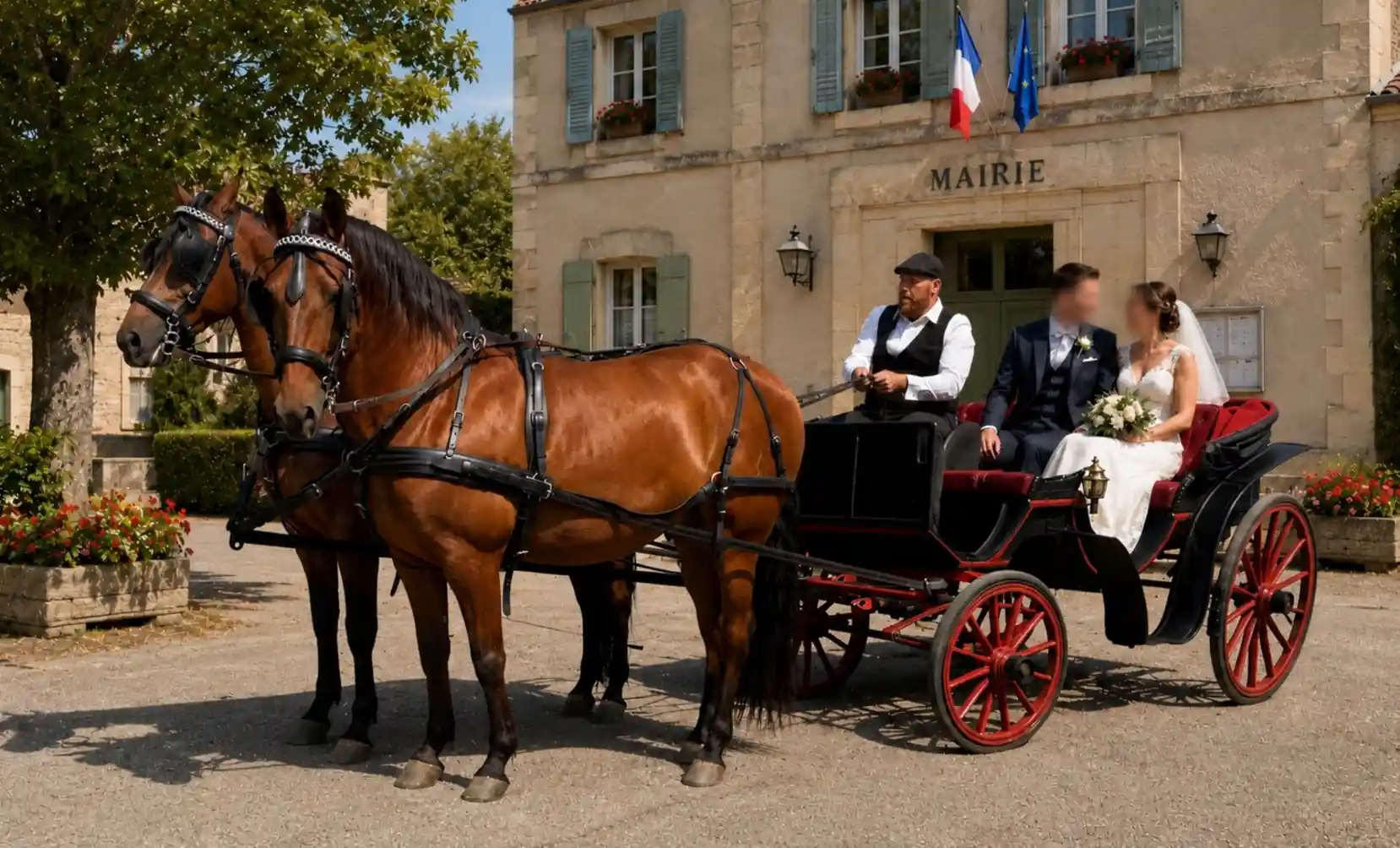 Calèche de mariage avec poneys
